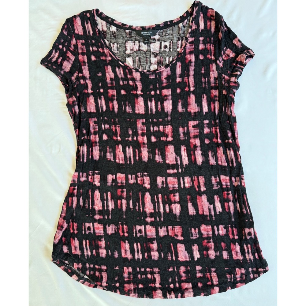 Simply Vera Vera Wang Top Size M Pink Black Abstract Short Sleeve Scoop Neck